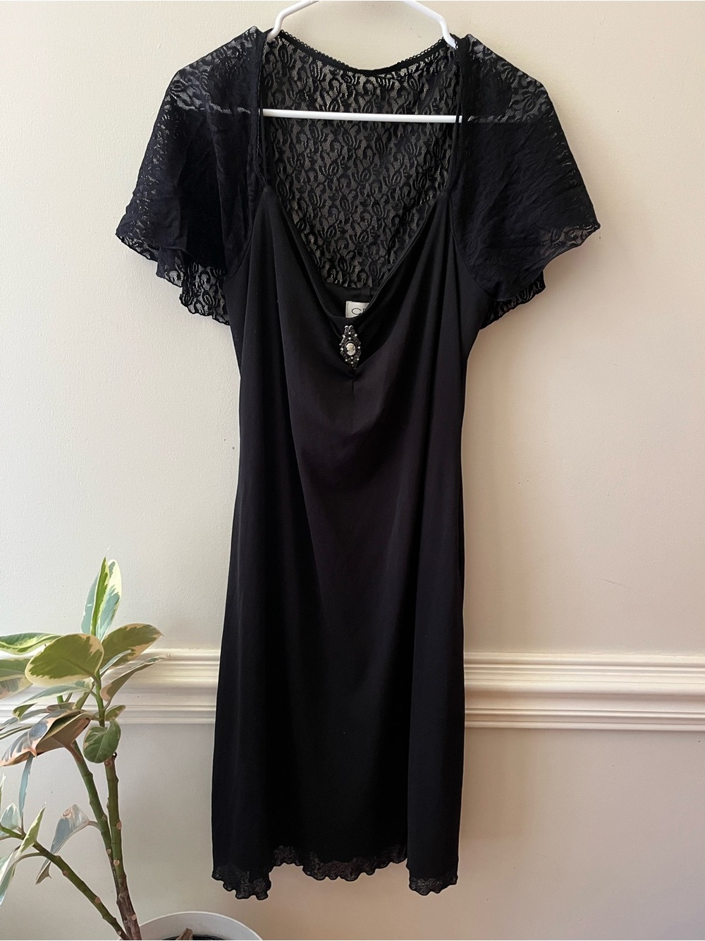 Vintage 90s 2000s black spaghetti strap dress with lace shawl detail size medium